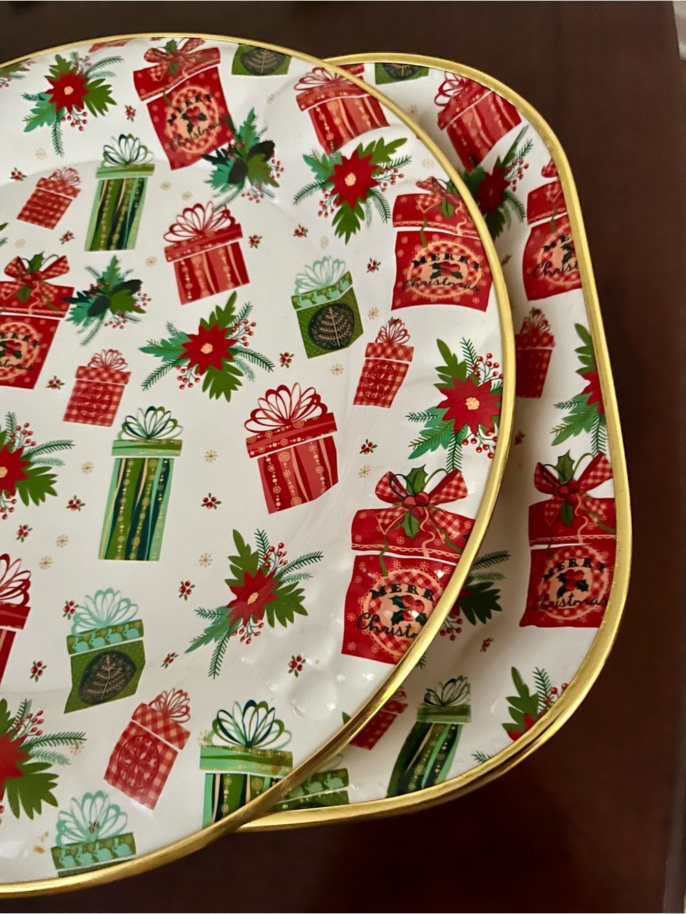 Vintage Christmas Festive Holiday Large Melamine Serving Trays - Set of 2